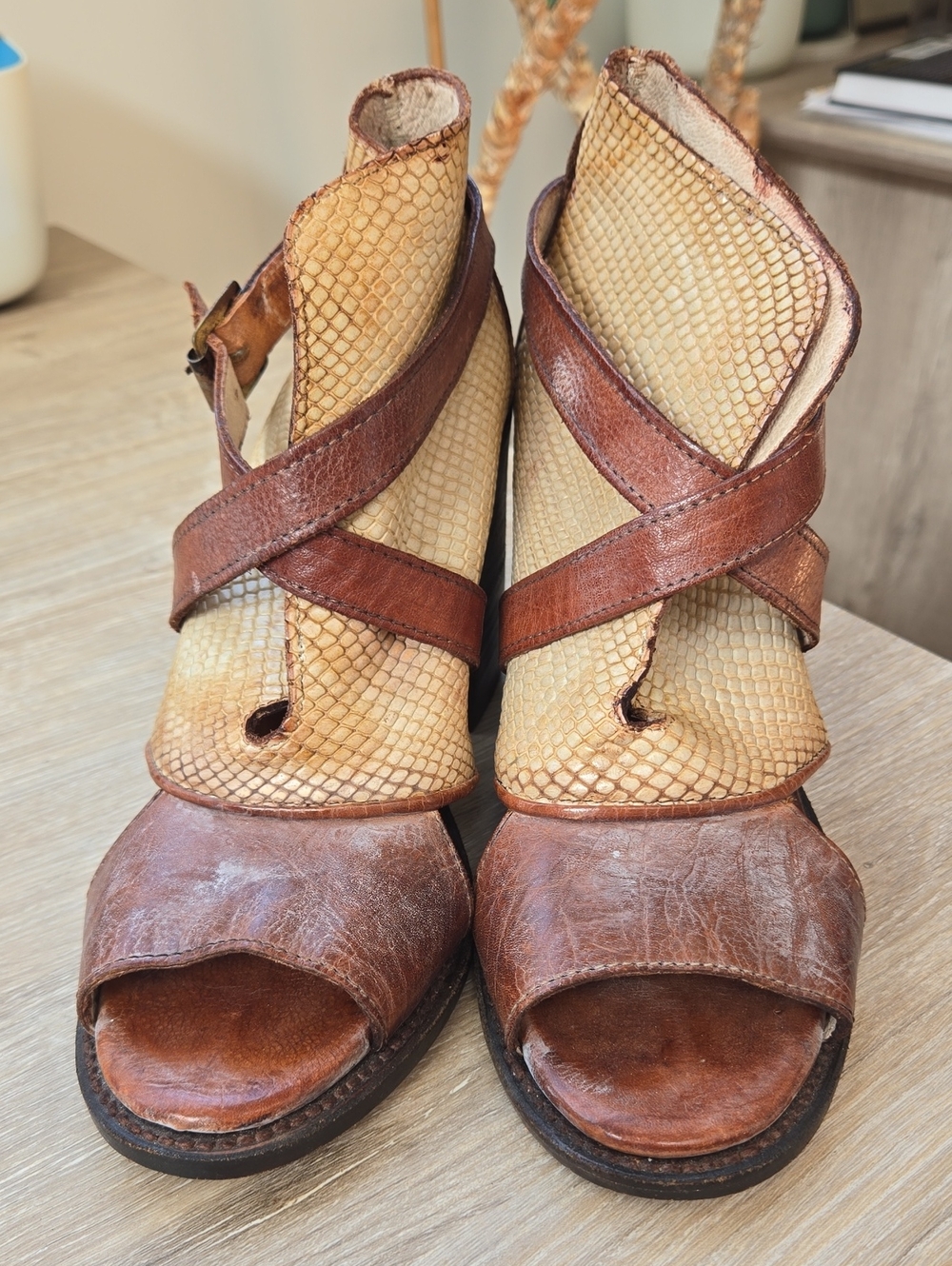 Freebird Women’s Brown & Tan Leather Open-Toe Heels